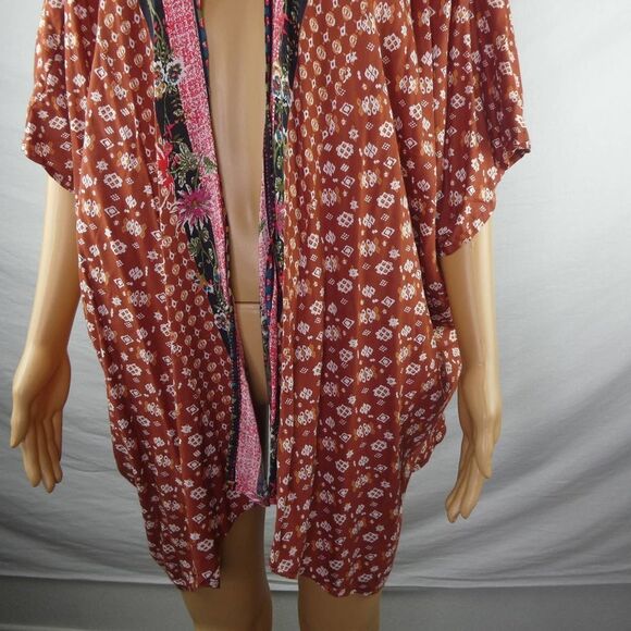Angie Boho Open Front Rust Brown Orange Kimono Robe Batwing Sleeve Large Floral - Picture 4 of 9